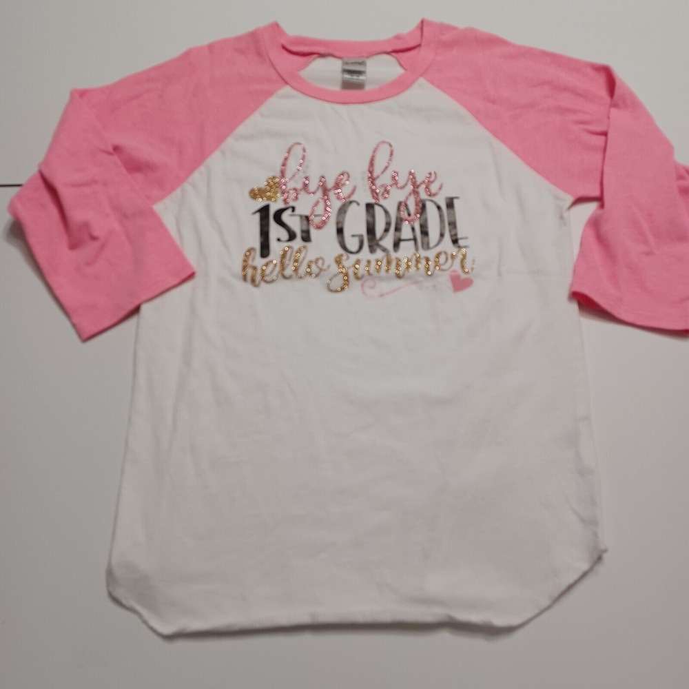 Kavio T-Shirt Girls M White 3/4 Sleeve Baseball Bye 1st Grade Hello Summer 10 12